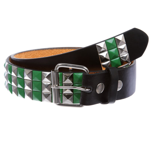 Snap On Silver/Green Punk Rock Star Pyramid Studded Checker Board Leather Belt