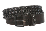 Snap On 1 3/4" Three Row Punk Rock Star Distressed Black Studded Leather Belt