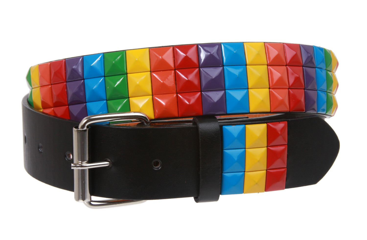 Snap On Punk Rock Star Studded Rainbow Checker Board Pattern Leather Belt