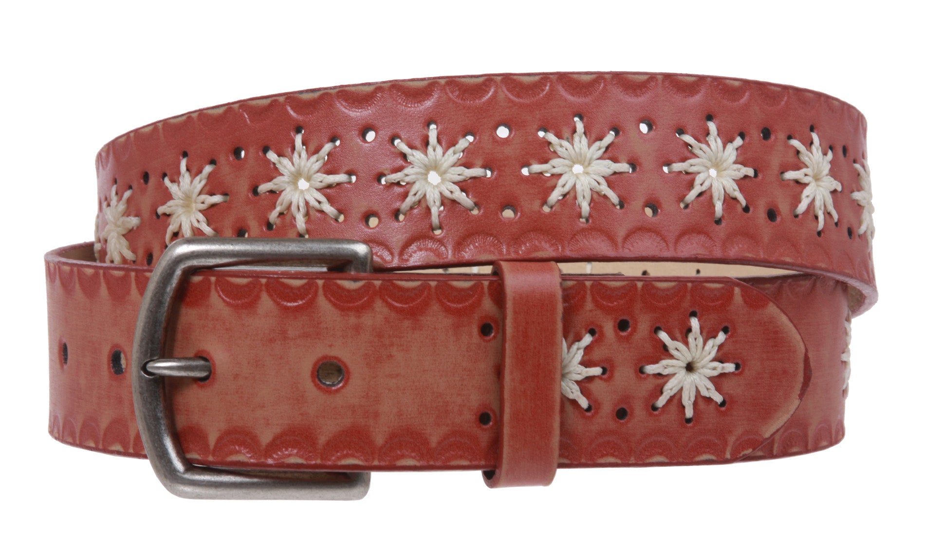 Snap on Flower Embossing Vintage Leather Belt