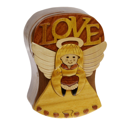 Handcrafted Wooden Art Shape Secret Jewelry Puzzle Box - Love Angels
