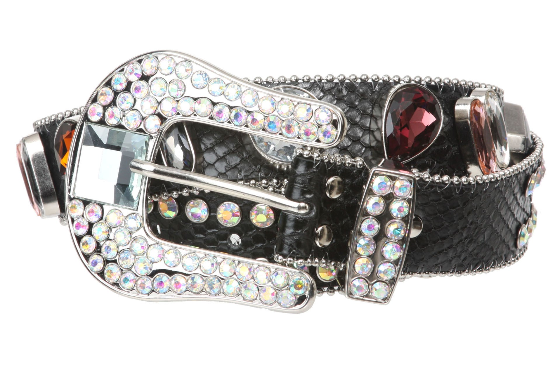 Snap On Western Cowgirl Snake Texture Crystal Conchos Leather Belt - OnlineBelts