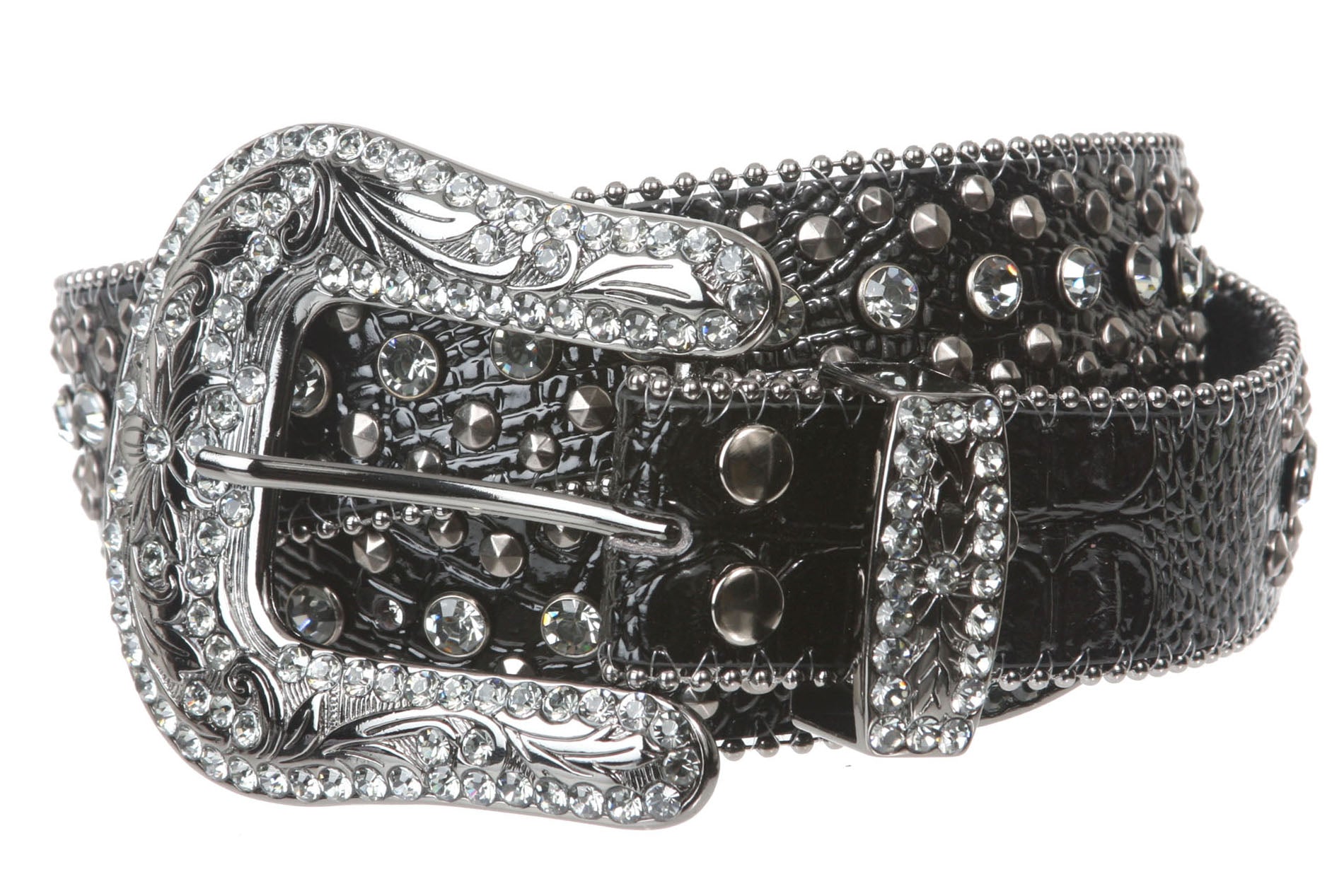 Women Western Cowgirl Faux Alligator Rhinestone Studded Leather Belt