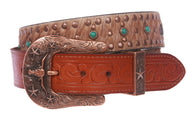 Western Cowgirl Snap On Cross Turquoise Studded Leather Belt With Animal Fur