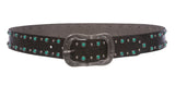 1 1/2" Snap On Floral Engraving Turquoise Studded Leather Belt