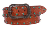 1 1/2" Snap On Floral Engraving Turquoise Studded Leather Belt