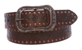 Snap On 1 1/2" Soft Hand Vintage Cowhide Leather Floral Embossed Rivet Studded Casual Belt
