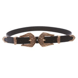 Women's Fashion Retro Carved Double Buckle Western Skinny Leather Belt