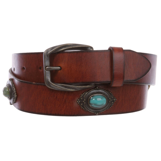 Women's Western Antique Copper Concho Turquoise Stone Studded Leather Belt