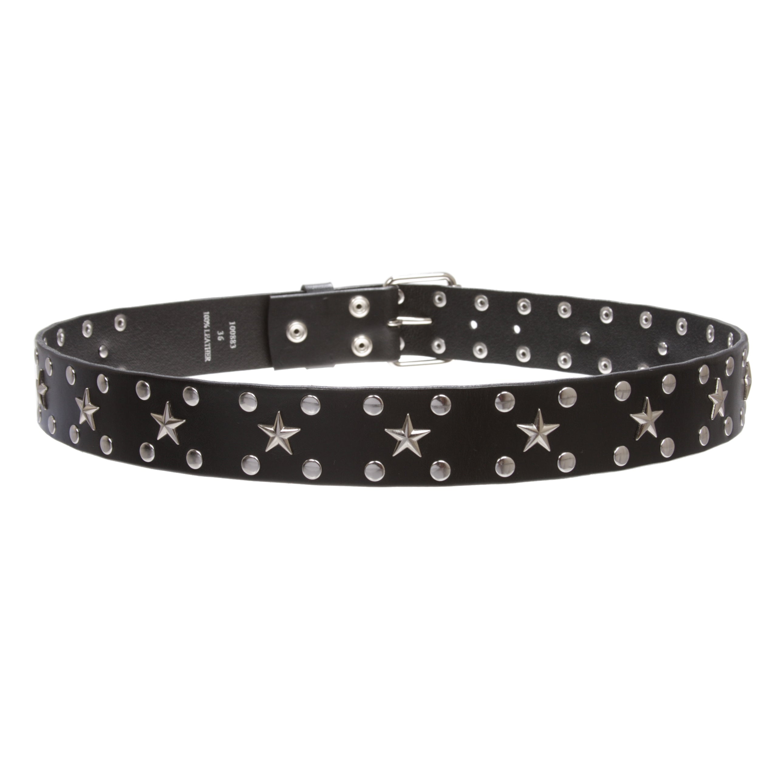 Snap On Silver Star and Circle Studded Cowhide Leather Belt