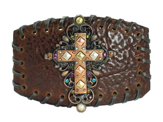 Whipstitched Leather Rhinestone Cross Religious Embellishments Belt Buckle