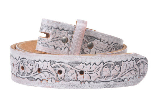 Snap On Embossed Birds and Leaves Genuine Leather Belt Strap