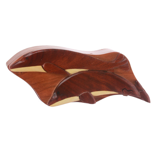 Handcrafted Wooden Animal Shape Secret Jewelry Puzzle Box - Dolphins