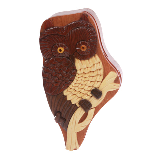 Handcrafted Wooden Animal Shape Secret Jewelry Puzzle Box - Owl