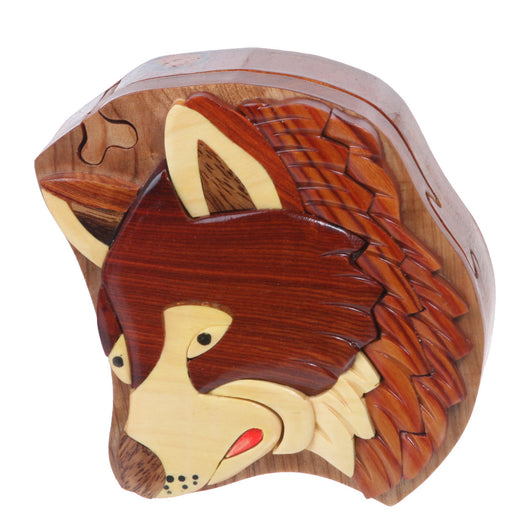Handcrafted Wooden Secret Jewelry Puzzle Box - Wolf