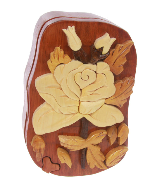 Handcrafted Wooden Rose Flower Shape Secret Jewelry Puzzle Box -Rose Flower